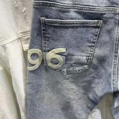 Men's Retro Jeans Casual Spring Autumn Slim Pencil Pants Vintage Distressed Motorcycle Stitching Embroidery Washed Skinny Jeans