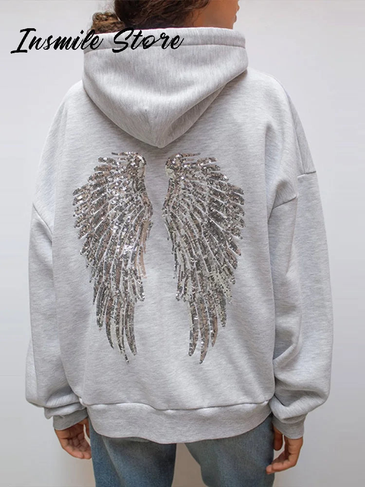 Casual Sequin Wings Hooded Sweatshirt Pant Set Women Gray Loose Full Sleeve Pullover Suit 2025 Autumn Winter Lady Daily Outfit