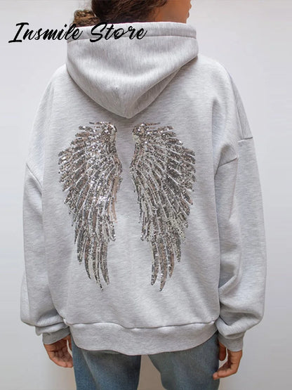 Casual Sequin Wings Hooded Sweatshirt Pant Set Women Gray Loose Full Sleeve Pullover Suit 2025 Autumn Winter Lady Daily Outfit