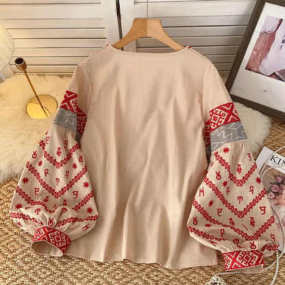 New Women's Bohemia Blouse Embroidered Autumn Spring O-neck Collar Bow Tie Lantern Sleeve Top Blusas Mujer Female Tops BL021