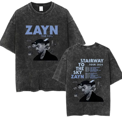 Washed Vintage Zayn Malik Startway To The Sky Tour 2025 Album T Shirts Men's Hip Hop Gothic Punk Short Sleeve T-Shirt Streetwear
