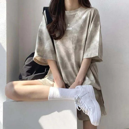 Streetwear Letter Two-piece Tracksuit Tie-dye Thin Short Sleeve T-shirt Shorts Ins Sports Summer Loose Suit Running