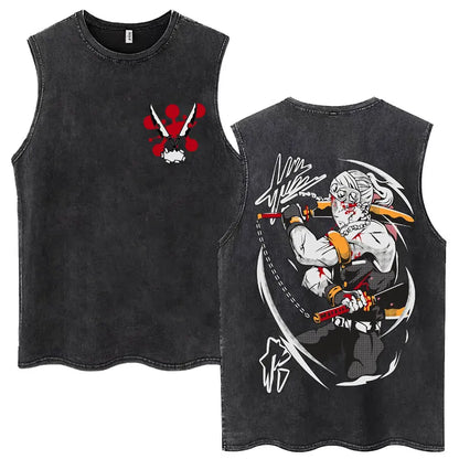 Japan Anime Demon Slayer Washed Tank Tops Hashibira Inosuke The Boar Face Manga T Shirt Men Women Loose Cotton Sleeveless Tshirt
