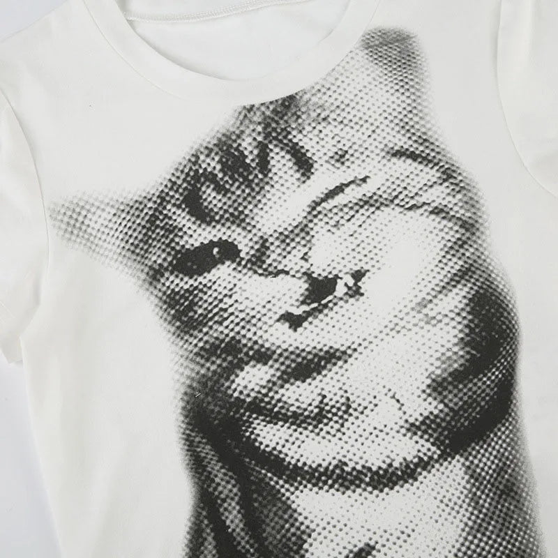 wild cat print low pixel round neck short sleeved T-shirt retro versatile slimming short top