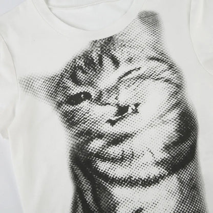 wild cat print low pixel round neck short sleeved T-shirt retro versatile slimming short top
