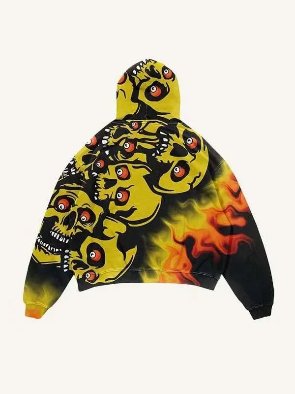 Skull print green hooded sweatshirt trendy brand street hot selling retro men's and women's pullover fashion loose sports hoodie