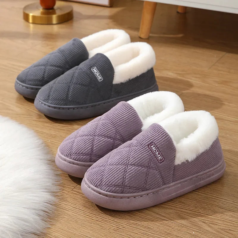 New Corduroy Cotton Slippers for Women Home Warm Shoes Soft Plush Anti-slip Couples Indoor Warm Non-slip Slides Footwear 2024