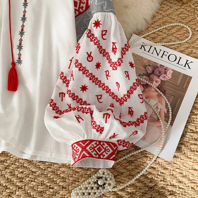 New Women's Bohemia Blouse Embroidered Autumn Spring O-neck Collar Bow Tie Lantern Sleeve Top Blusas Mujer Female Tops BL021