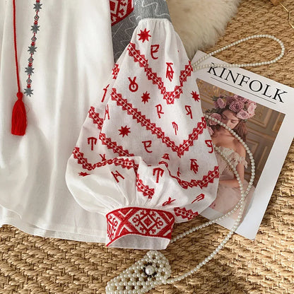 New Women's Bohemia Blouse Embroidered Autumn Spring O-neck Collar Bow Tie Lantern Sleeve Top Blusas Mujer Female Tops BL021