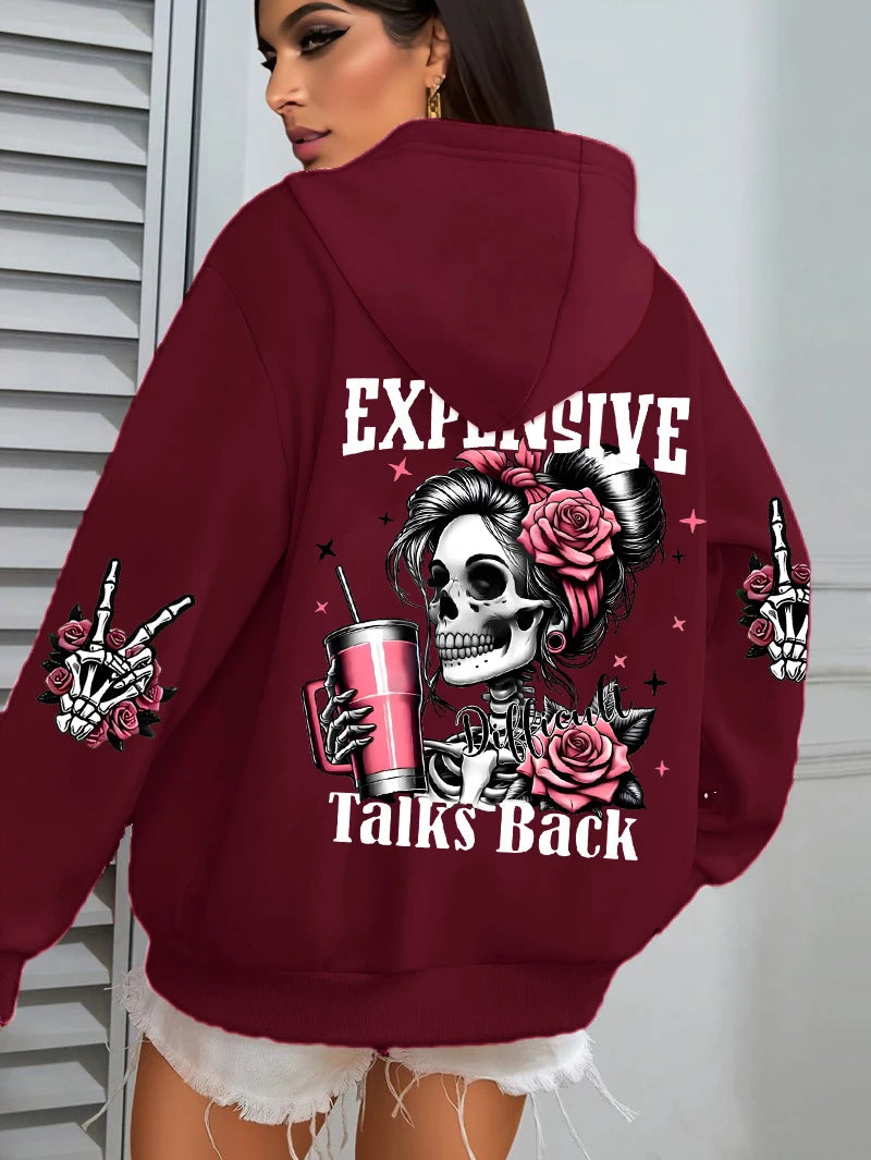 Expensive Talks Back Funny Printing Womens Hoodie Loose Multicolor Pullovers Fleece Autumn Sportswear Casual Pocket Hoody