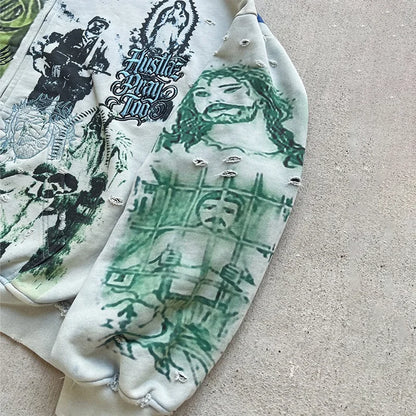 Y2K Fashion Retro Hoodie Oversized Abstract Graphic Printing Casual Distressed Zip Up Hoodie Men Women Hip Hop Trend Streetwear