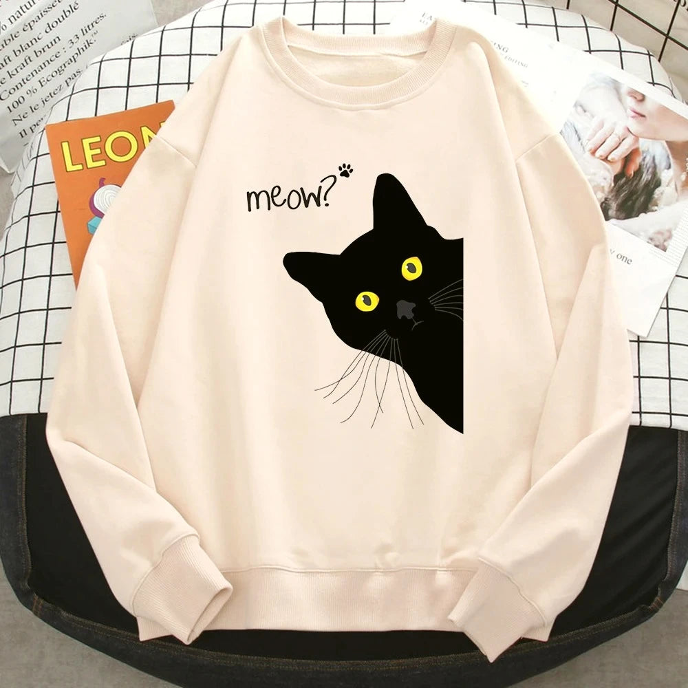 Winter Fall Harajuku Woman Sweatshirt Meow Black Cat Printing Hoodies Comfortable Pullover Crewneck Casual Female Clothes
