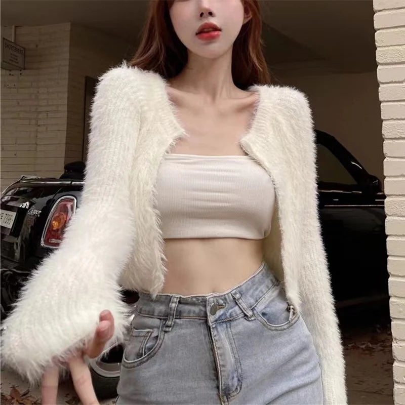 Y2K Knitted Plush Short Cardigan Sweaters Women 2025 Autumn Winter New Zipper Cardigan Female Vintage Trend Sexy Crop Tops