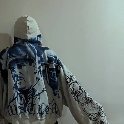 Y2K Fashion Retro Hoodie Oversized Abstract Graphic Printing Casual Distressed Zip Up Hoodie Men Women Hip Hop Trend Streetwear