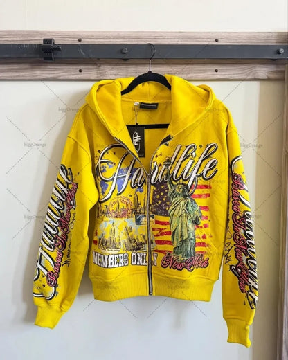 American Retro Letter Casual Loose Zipper Hoodie Men New Street Hip-hop Fashion Y2K Harajuku Oversized Sweatshirt Women