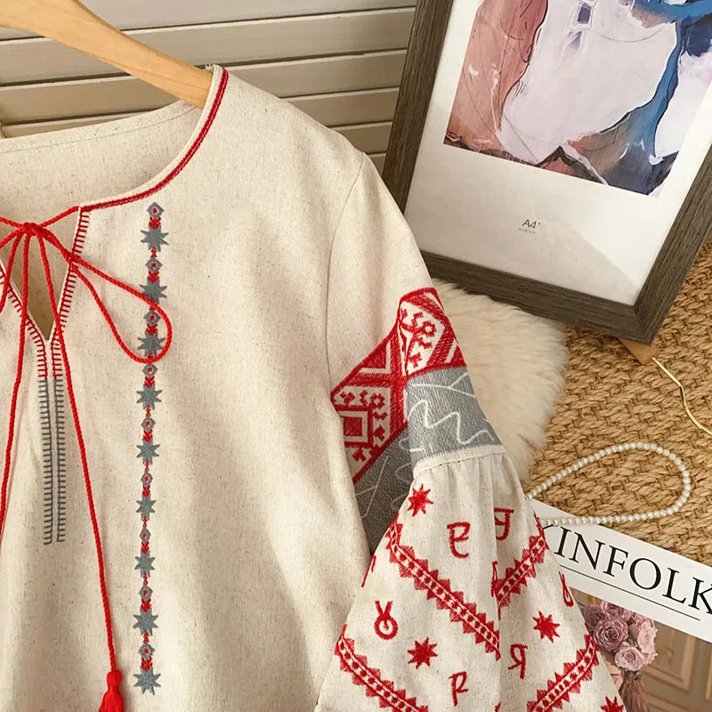 New Women's Bohemia Blouse Embroidered Autumn Spring O-neck Collar Bow Tie Lantern Sleeve Top Blusas Mujer Female Tops BL021