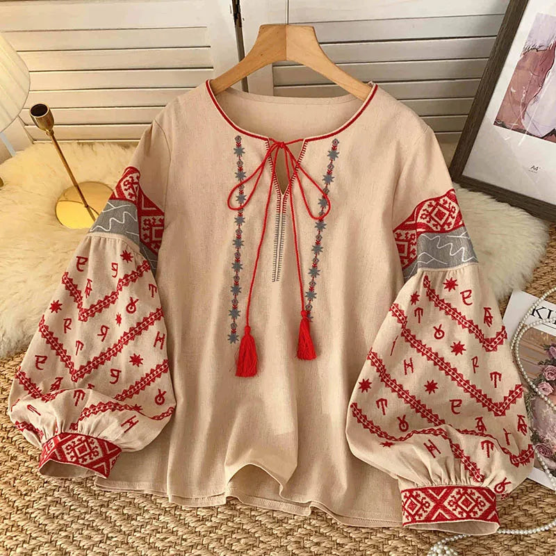 New Women's Bohemia Blouse Embroidered Autumn Spring O-neck Collar Bow Tie Lantern Sleeve Top Blusas Mujer Female Tops BL021