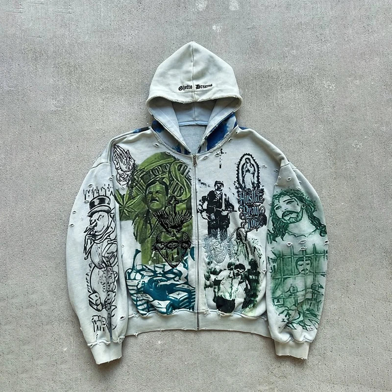Y2K Fashion Retro Hoodie Oversized Abstract Graphic Printing Casual Distressed Zip Up Hoodie Men Women Hip Hop Trend Streetwear