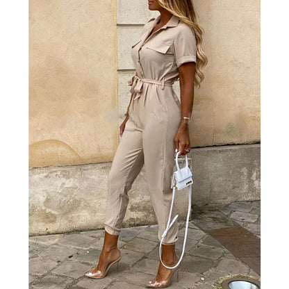 Summer Women's New Fashion Flip Collar Button Print Belt Lace Up Work Dress Casual Capris Jumpsuit Office