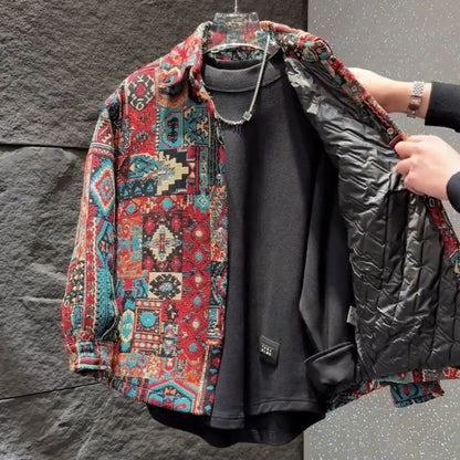 Famous Style Jacquard Casual Lapel Shirt Jacket for Men's Autumn New Versatile Loose Dovetail Warm Cotton Jacket