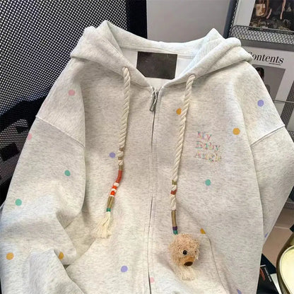 American retro color polka-dot embroidery hooded sweater women's autumn and winter loose design casual Joker cardigan coat