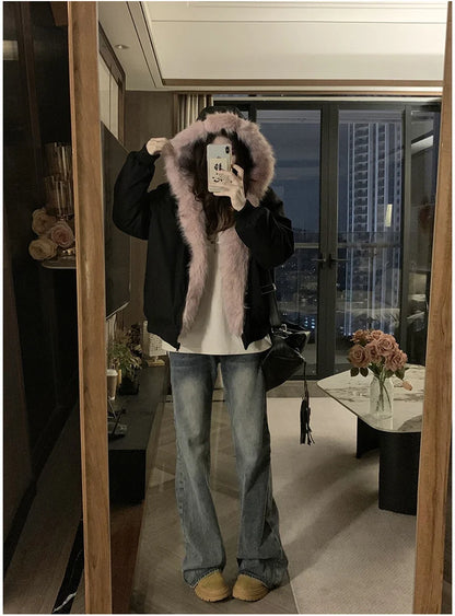 Double Sided Winter Coat Women Clothing Imitation Mink Fur Fur Hooded Cotton Jacket Female Warm Cotton-padded Clothes Outerwea