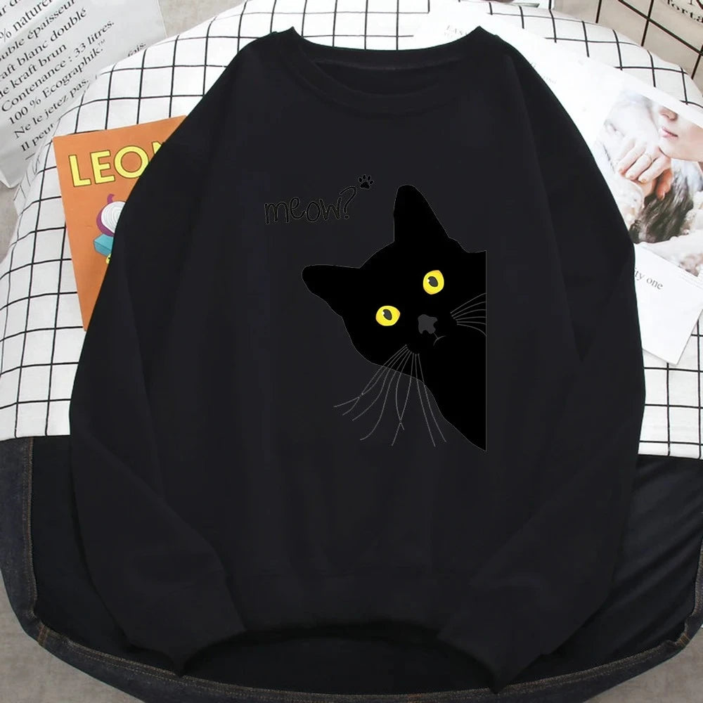 Winter Fall Harajuku Woman Sweatshirt Meow Black Cat Printing Hoodies Comfortable Pullover Crewneck Casual Female Clothes
