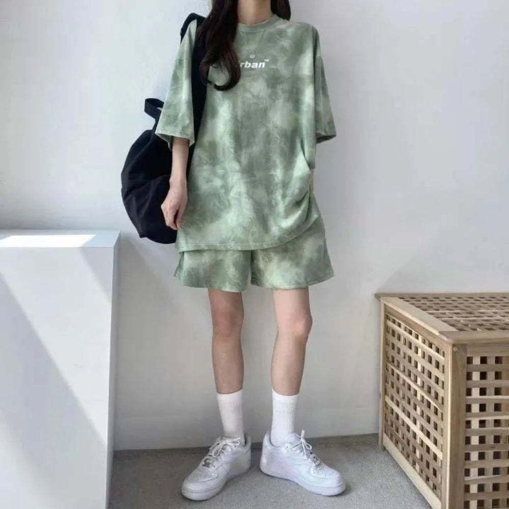 Streetwear Letter Two-piece Tracksuit Tie-dye Thin Short Sleeve T-shirt Shorts Ins Sports Summer Loose Suit Running
