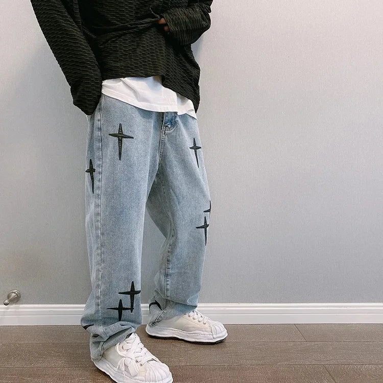 Boyfriend Vintage Fashion Straight Casual Loose Denim Cargo Pants Men Designer Prints Star Jeans Streetwear Loose Wide Leg Jeans