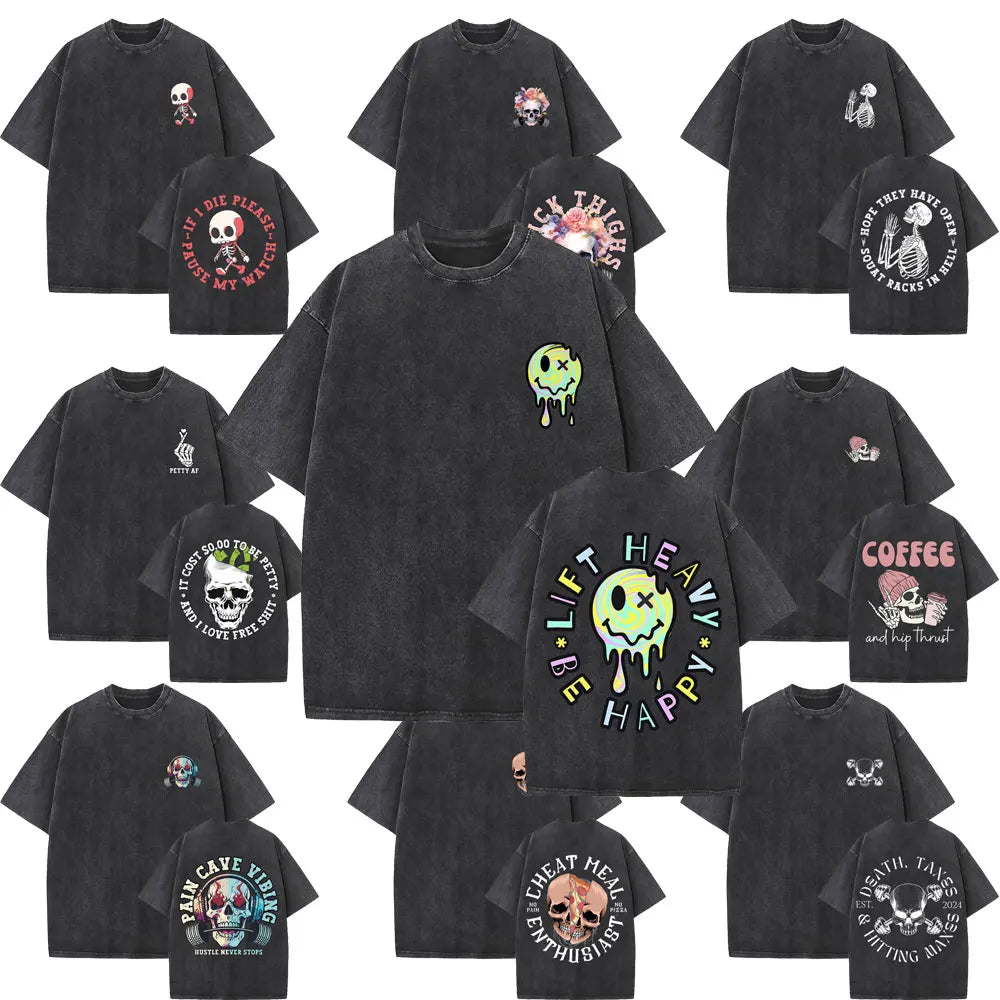 Lift Heavy Be Happy Pump Cover T-shirts Funny Powerlifting Workout Bodybuilding T Shirts Men Women Fitness Washed Vintage Tshirt