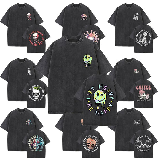 Lift Heavy Be Happy Pump Cover T-shirts Funny Powerlifting Workout Bodybuilding T Shirts Men Women Fitness Washed Vintage Tshirt