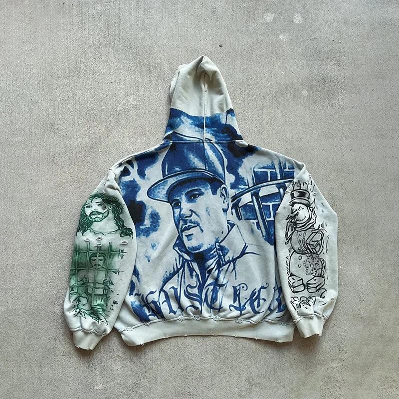 Y2K Fashion Retro Hoodie Oversized Abstract Graphic Printing Casual Distressed Zip Up Hoodie Men Women Hip Hop Trend Streetwear