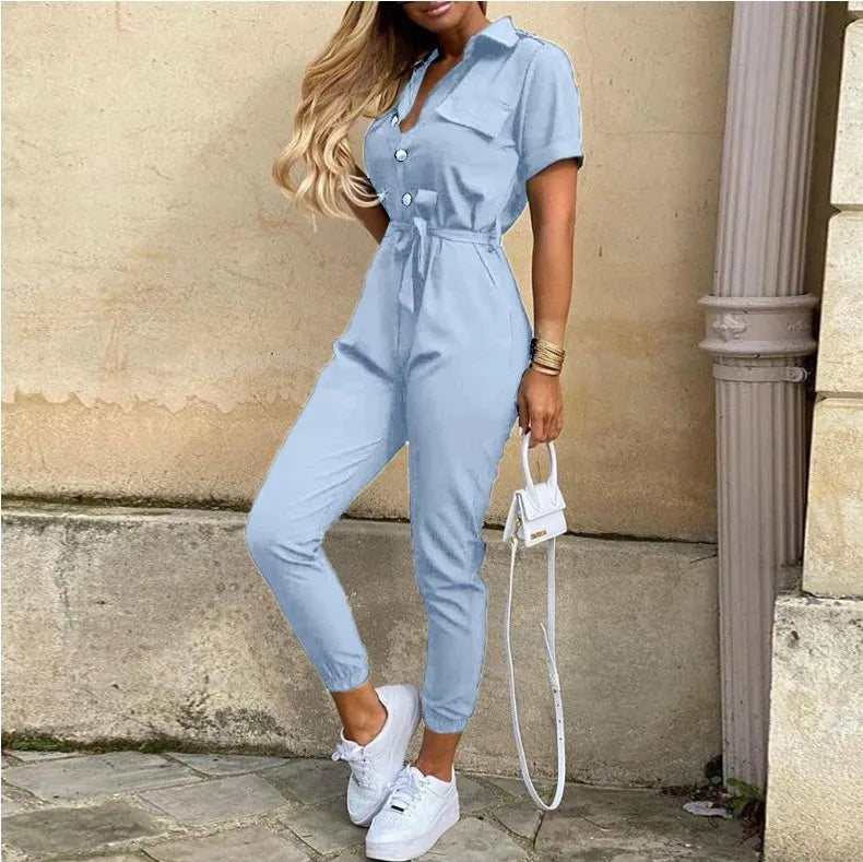 Summer Women's New Fashion Flip Collar Button Print Belt Lace Up Work Dress Casual Capris Jumpsuit Office