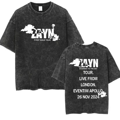 Washed Vintage Zayn Malik Startway To The Sky Tour 2025 Album T Shirts Men's Hip Hop Gothic Punk Short Sleeve T-Shirt Streetwear