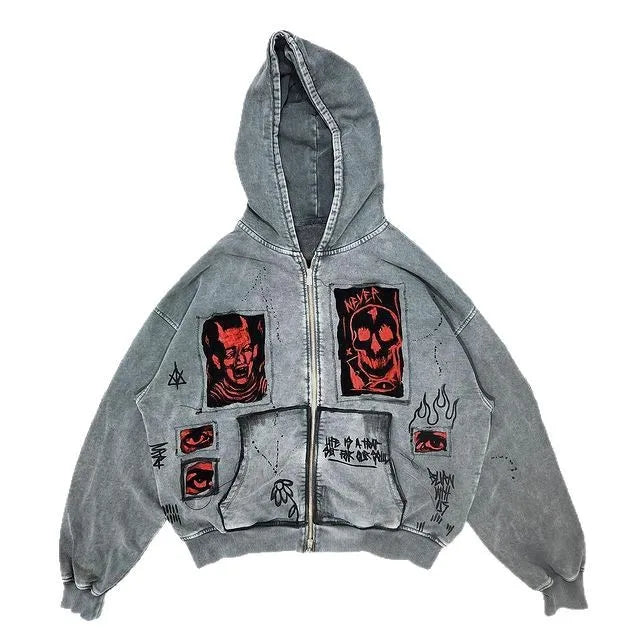 American street retro Y2K unisex demon 3D printed fabric heavy-duty loose fitting hooded sweatshirt jacket