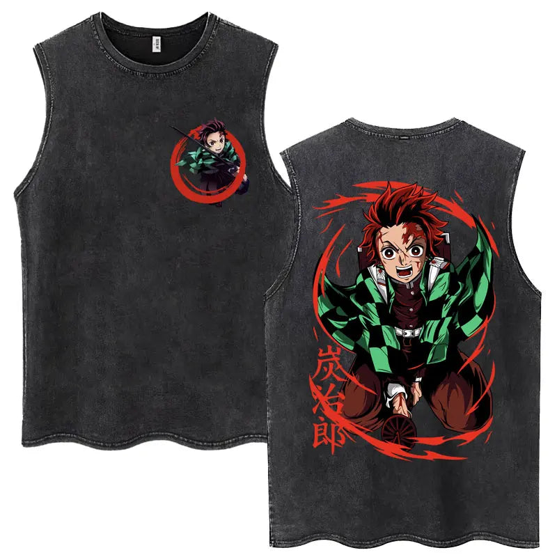 Japan Anime Demon Slayer Washed Tank Tops Hashibira Inosuke The Boar Face Manga T Shirt Men Women Loose Cotton Sleeveless Tshirt