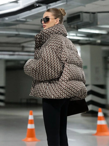 Oversized Printed Stand Collar Zipper Padded Jacket Women Elegant Long Sleeve Loose Autumn Winter Coats Fashion Ladies Outerwear