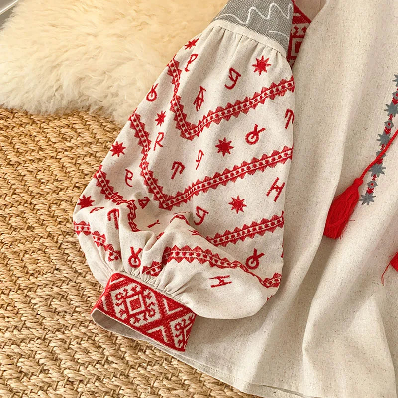 New Women's Bohemia Blouse Embroidered Autumn Spring O-neck Collar Bow Tie Lantern Sleeve Top Blusas Mujer Female Tops BL021