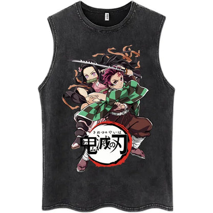 Japan Anime Demon Slayer Washed Tank Tops Hashibira Inosuke The Boar Face Manga T Shirt Men Women Loose Cotton Sleeveless Tshirt