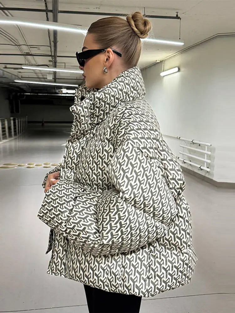 Oversized Printed Stand Collar Zipper Padded Jacket Women Elegant Long Sleeve Loose Autumn Winter Coats Fashion Ladies Outerwear