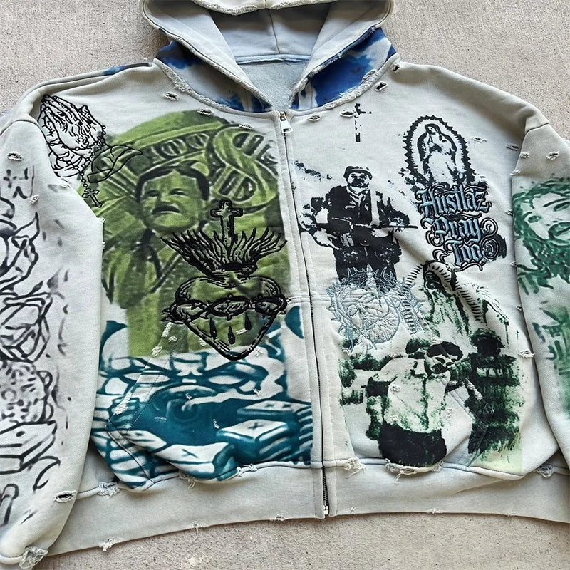 Y2K Fashion Retro Hoodie Oversized Abstract Graphic Printing Casual Distressed Zip Up Hoodie Men Women Hip Hop Trend Streetwear