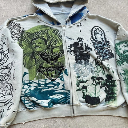 Y2K Fashion Retro Hoodie Oversized Abstract Graphic Printing Casual Distressed Zip Up Hoodie Men Women Hip Hop Trend Streetwear