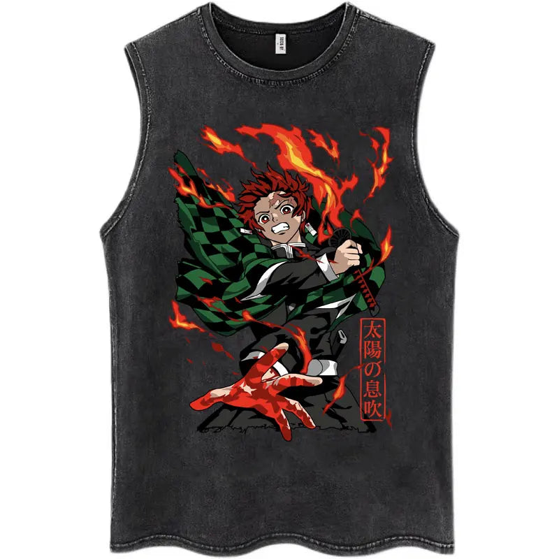 Japan Anime Demon Slayer Washed Tank Tops Hashibira Inosuke The Boar Face Manga T Shirt Men Women Loose Cotton Sleeveless Tshirt