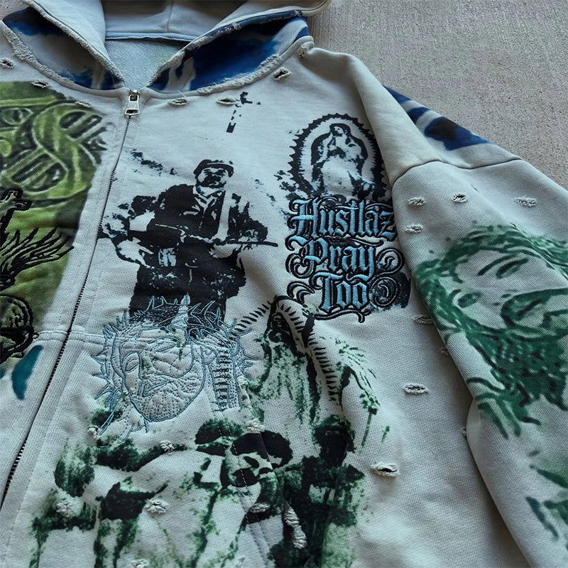 Y2K Fashion Retro Hoodie Oversized Abstract Graphic Printing Casual Distressed Zip Up Hoodie Men Women Hip Hop Trend Streetwear