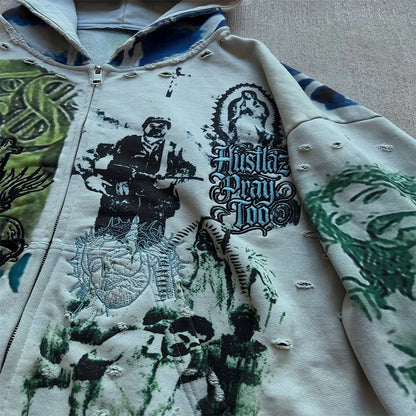 Y2K Fashion Retro Hoodie Oversized Abstract Graphic Printing Casual Distressed Zip Up Hoodie Men Women Hip Hop Trend Streetwear