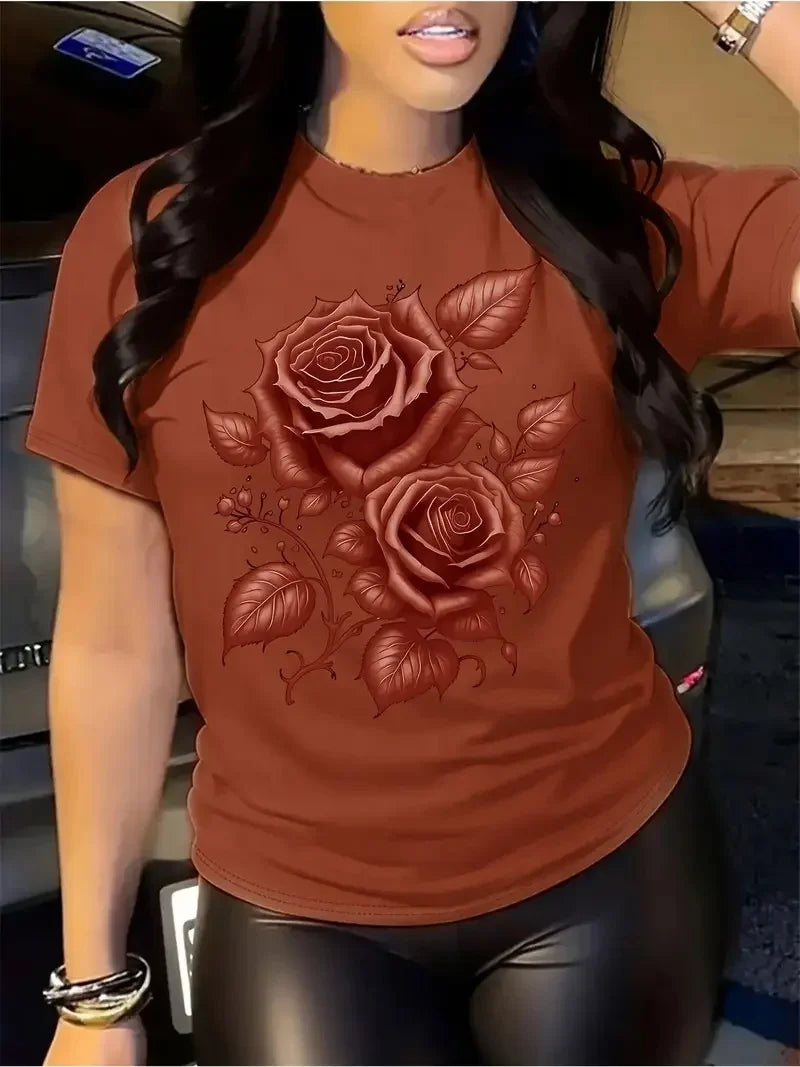 Women's Hot Selling Casual Round Neck Top, 3D Rose Pattern Short Sleeved T-shirt Elegant, Fast Breathable Outdoor Sports Shirt