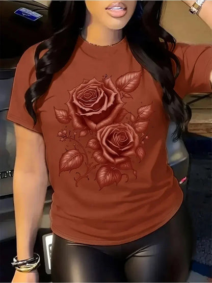 Women's Hot Selling Casual Round Neck Top, 3D Rose Pattern Short Sleeved T-shirt Elegant, Fast Breathable Outdoor Sports Shirt