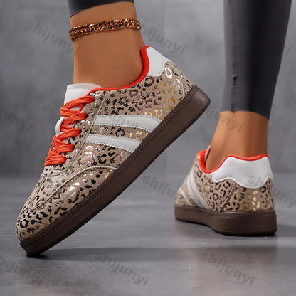 Sneakers Women 2025 New Fashion Outdoor Lace-up Leopard Casual Shoes Female Lightweight Comfortable Non Slip Flat Shoes