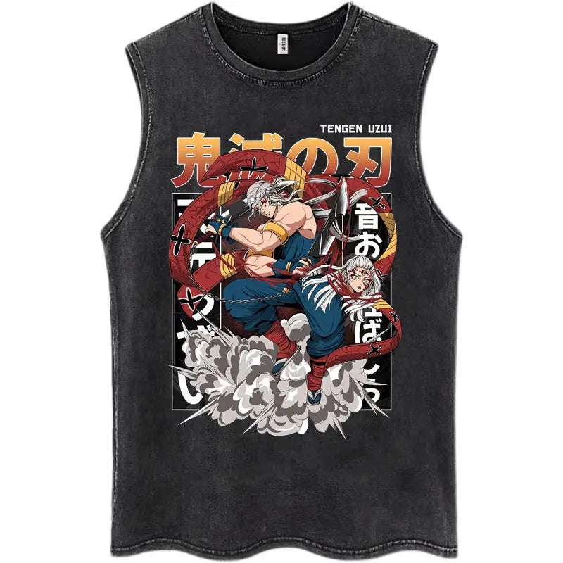 Japan Anime Demon Slayer Washed Tank Tops Hashibira Inosuke The Boar Face Manga T Shirt Men Women Loose Cotton Sleeveless Tshirt