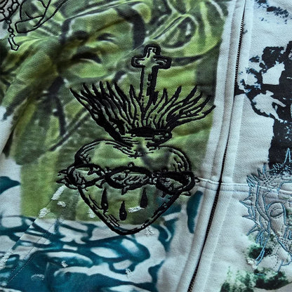 Y2K Fashion Retro Hoodie Oversized Abstract Graphic Printing Casual Distressed Zip Up Hoodie Men Women Hip Hop Trend Streetwear